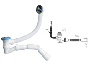 Сифон для ванны низкий h 120mm, с выпуском  и переливом 70 мм, с гибкой трубой 40х40/50, AV Engineer (AVE129730) (AV Engineering)