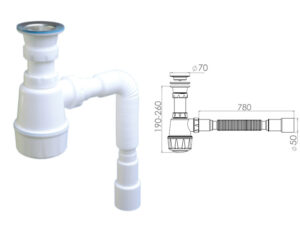 Сифон для кухни с прикручивающимся выпуском 70мм,  с гибкой трубой 1 1/2