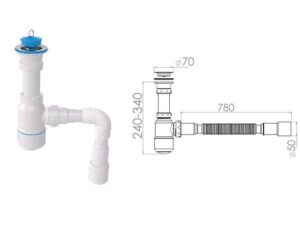 Сифон для умывальника с прикручивающимся выпуском 70мм , с гибкой трубой 1 1/2