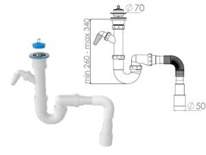 Сифон для кухни прямоточный с  выпуском 70мм, с гибкой трубой 1 1/2