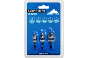 Набор зенкеров по дереву 3 шт 12 мм, 16 мм, 19 мм, Vertextools
